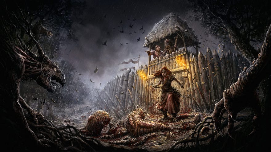 Gord key art showing a woman holding a torch staring angrily at the horrors outside of her settlement.