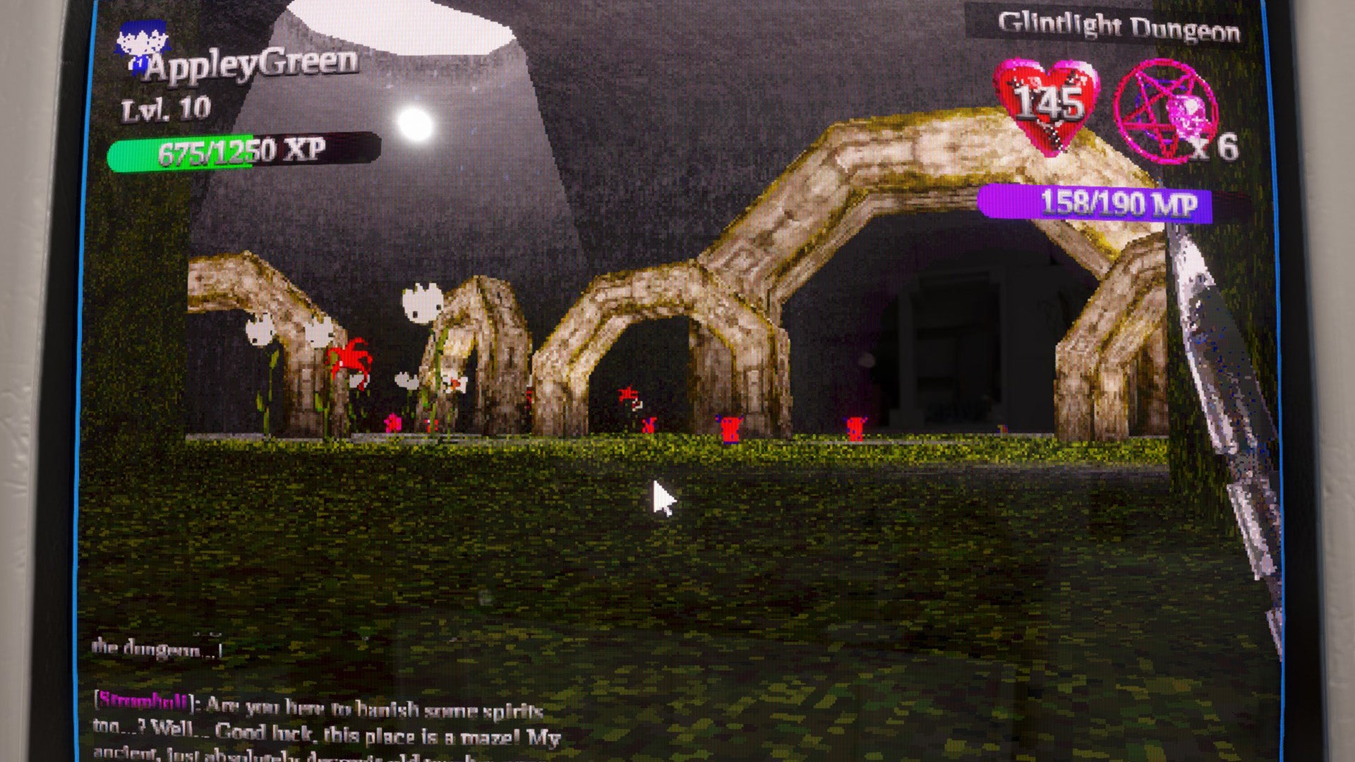 An old-looking, fake MMO is playing connected  a machine  screen, showing an undeground country  covered successful  foliage and unusual  arches successful  Gorgon's Garden.
