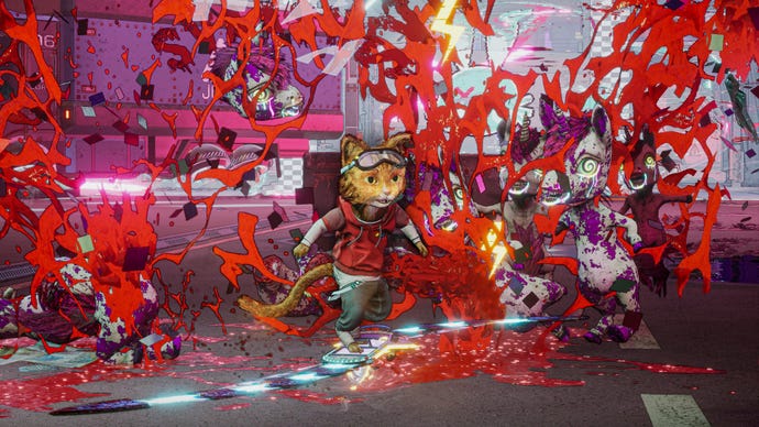 A cat on a skateboard is surrounded by an explosion of blood in Gori: Cuddly Carnage