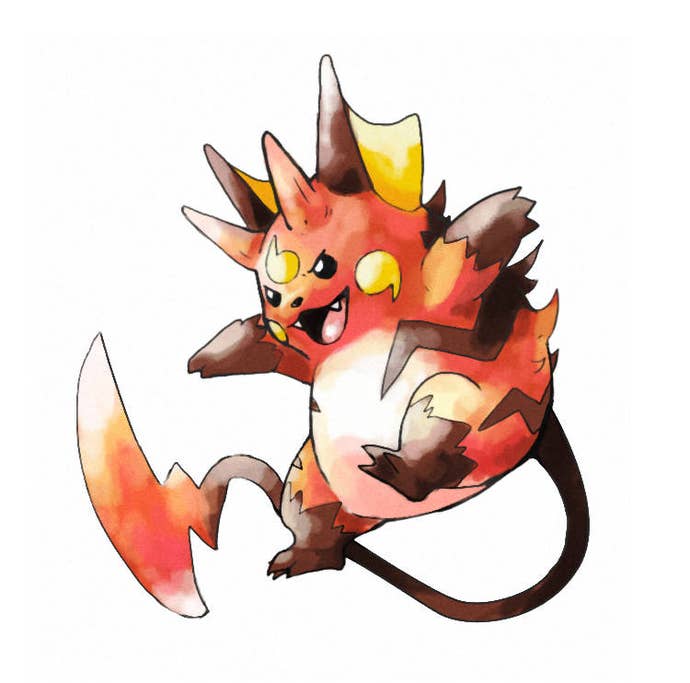 Gorochu fan art image, showing an orange-hued Raichu evolution with horns in Sugimori watercolour style on white background