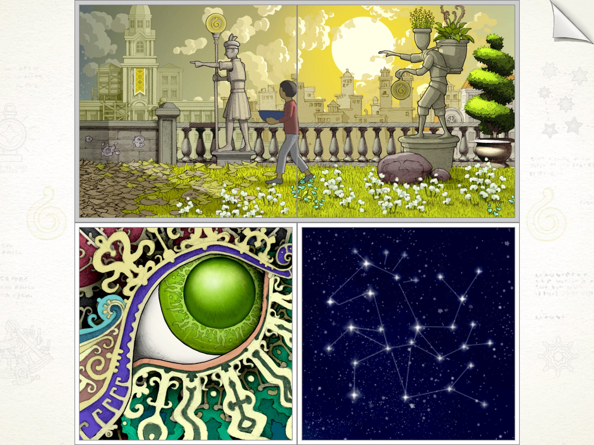 Gorogoa's four-part screen structure. The whole top half of the screen is taken up with a single image of a young boy carrying a bowl through a garden filled with classical statues. In the lower left, a giant abstract green eye appears to be starting up at the boy. In the lower right, a starry sky at night looks like it might be spelling something. - 11