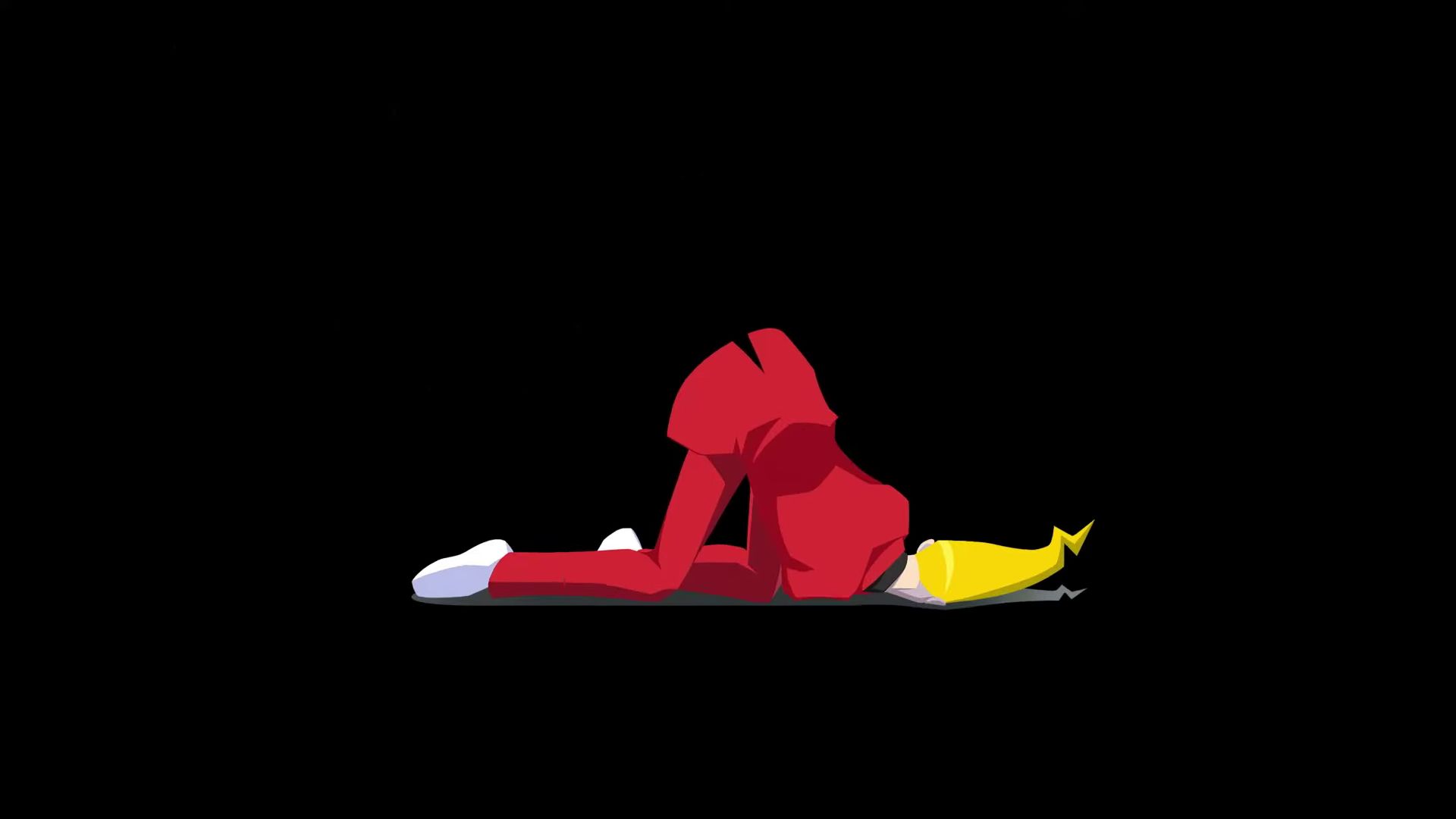 A screen from Ghost Trick&rsquo;s trailer showing recent murder victim Sissel, a man with a red suit and tall blond hair, lying in a heap against a black background