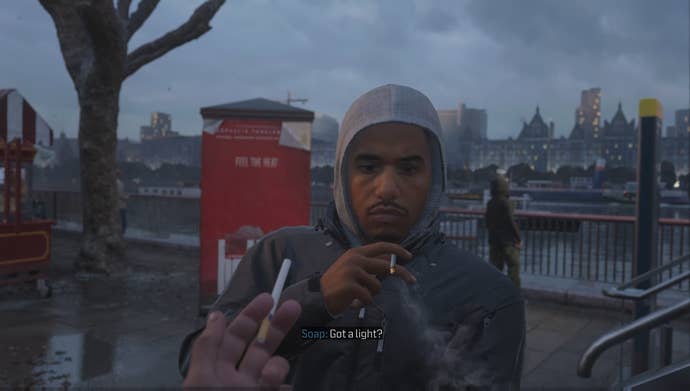 MW3 screenshot showing the player getting their cigarette lit by an NPC