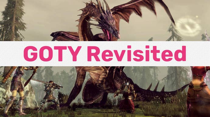 A dragon looms over warriors from Dragon Age: Origins, with the RPS GOTY Revisited logo in front