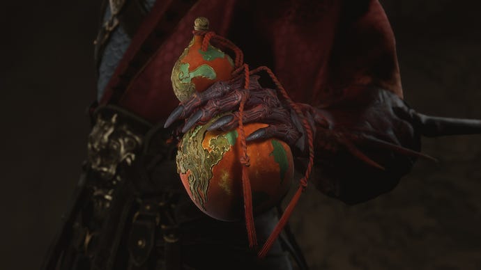 Un jugador que lleva la calabaza de jade teñida en Black Myth Wukong.