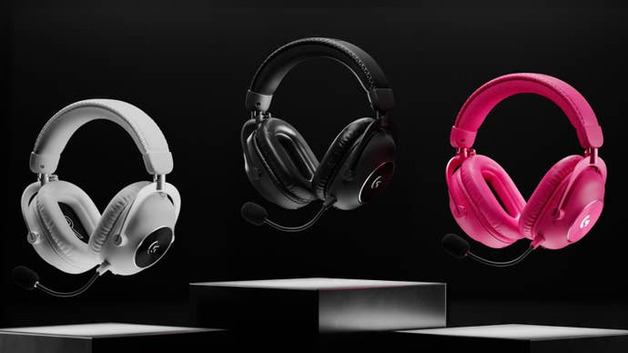 Logitech G Pro X 2 headsets floating in space, in black, white and pink