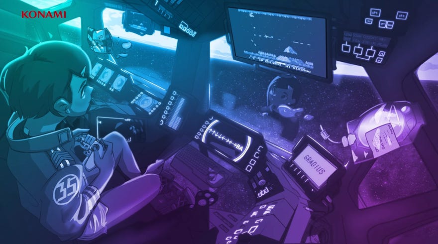 An image from Konami’s lofi hip hop stream showing a woman in a spaceship playing a classic arcade game on a monitor.