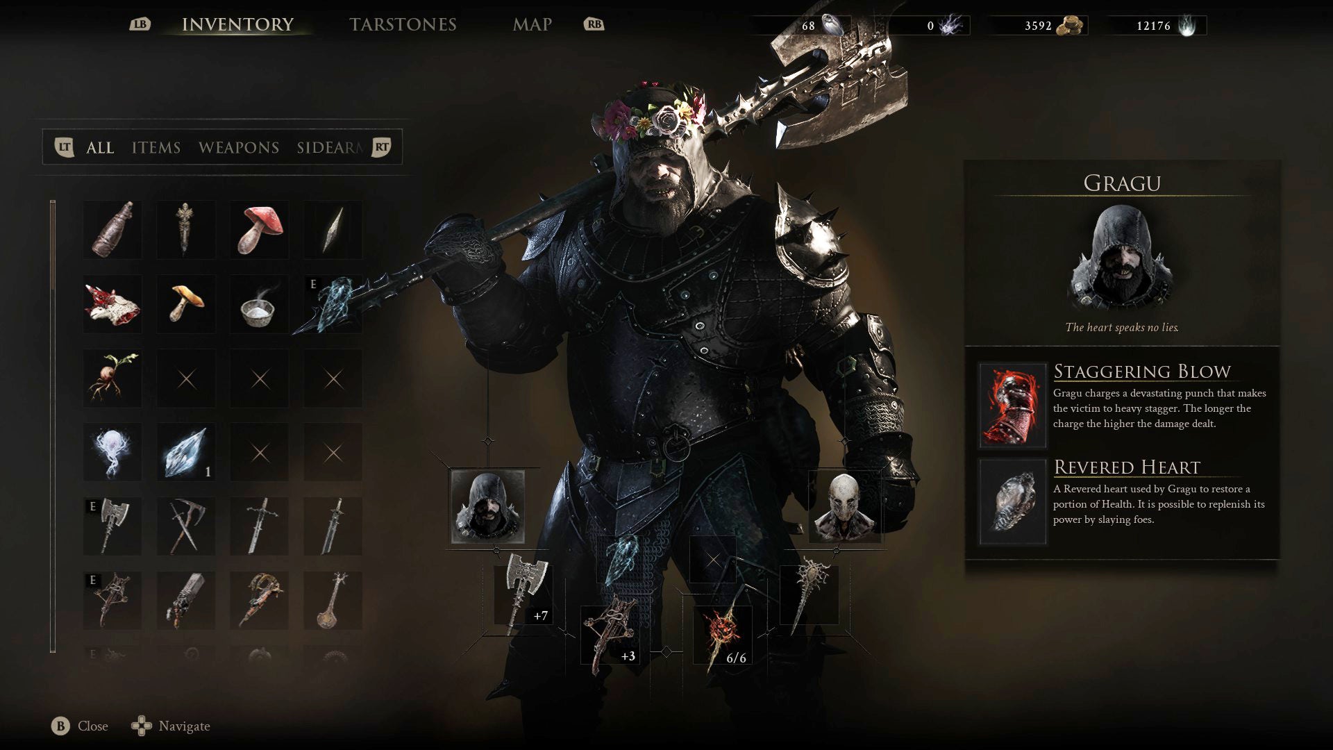 The menu screen in Mortal Shell 2, showing the brutish Gragu wearing a cute little Midsommar flower crown.