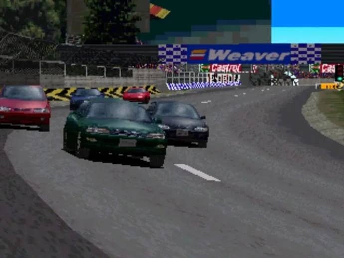 Gran Turismo PS1 screenshot showing a cinematic view of five cars coming round a bend