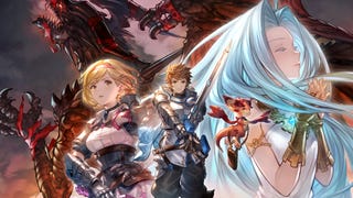 Granblue Fantasy Relink artwork showing several characters in montage in front of a big red dragon