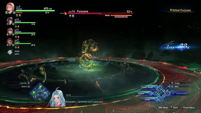 A boss fight in Granblue Fantasy: Relink, where a spirit called Furycane is preparing for a massive AOE attack