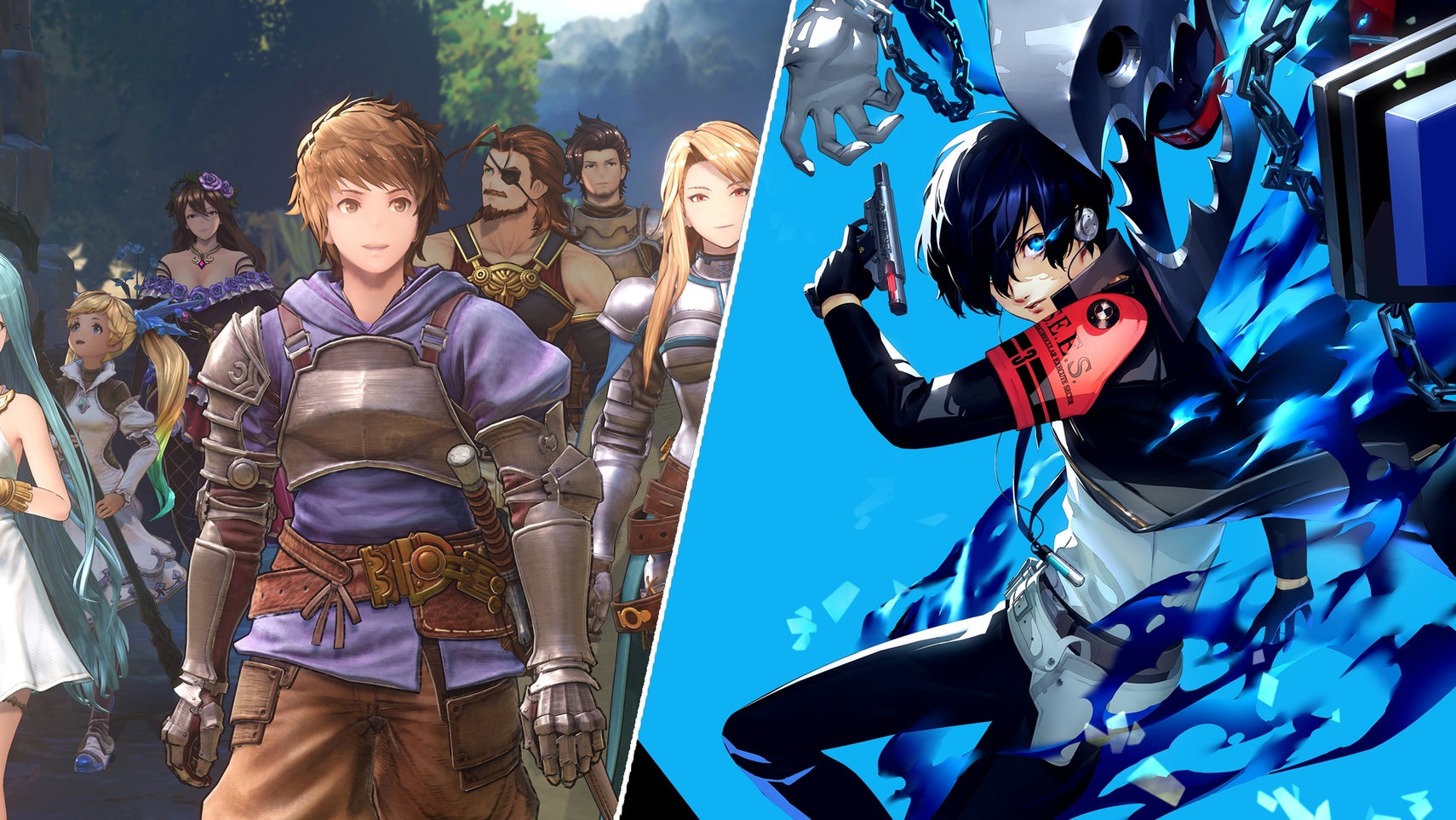 The Granblue Fantasy: Relink cast walking out of the woods, and Persona 3's main character posed with a gun in front of a blue background, blue flames around him, his persona looming behind him. - 1