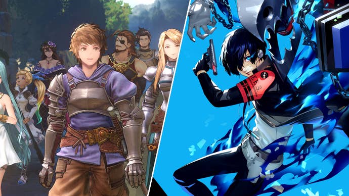 The Granblue Fantasy: Relink cast walking out of the woods, and Persona 3’s main character posed with a gun in front of a blue background, blue flames around him, his persona looming behind him.