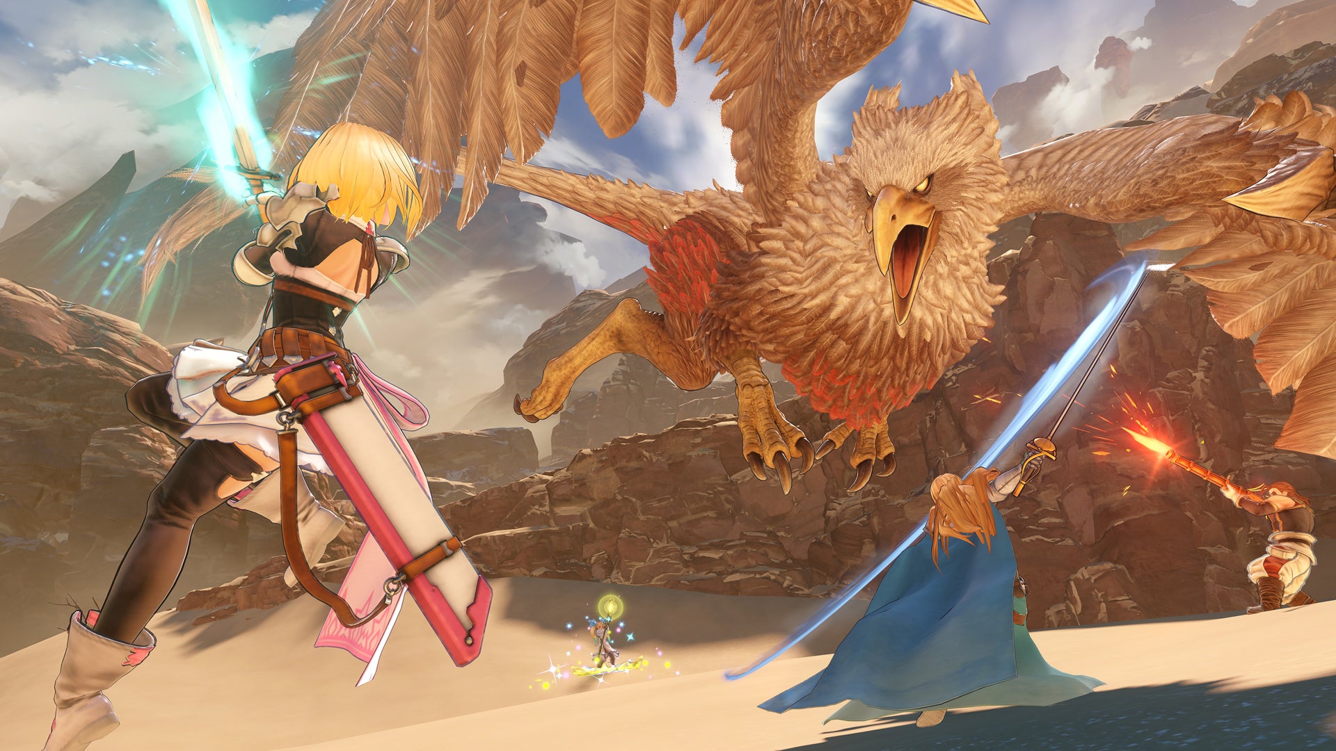 Granblue Fantasy: Relink still of Djeeta and co fighting a Griffin in a desert canyon - 5