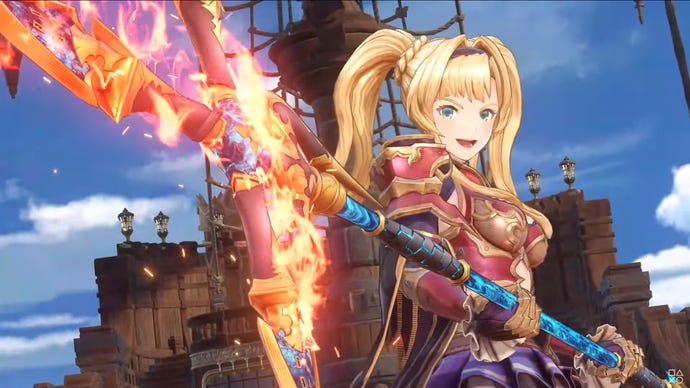 A blonde-haired girl with pigtails hoists a flaming halberd in Granblue Fantasy: Relink.