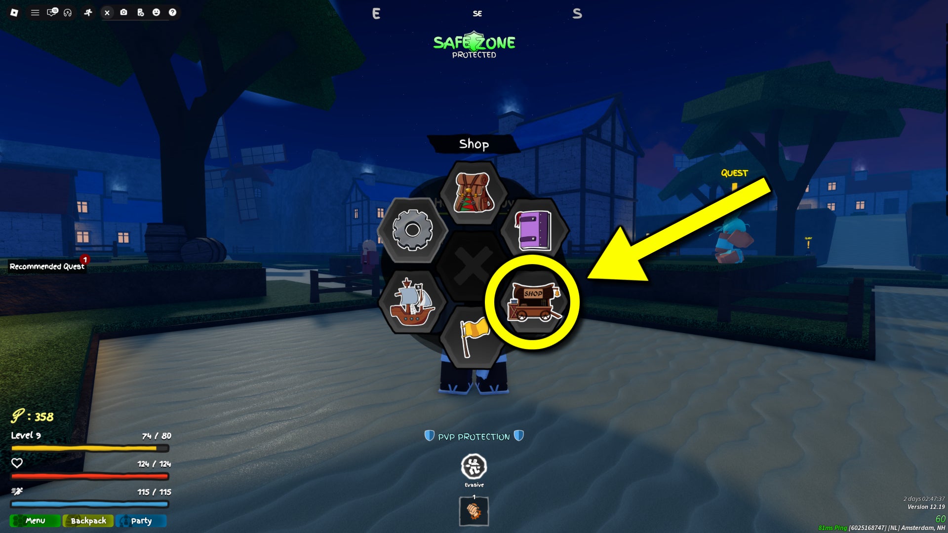 A screenshot from the Roblox game, Grand Piece Online, featuring an arrow pointing to the shop button in the menu. - 3