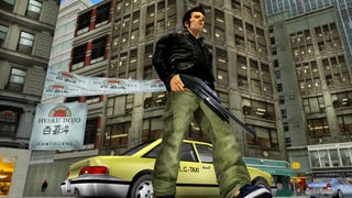 A man walking around a city with a gun in his hand in Grand Theft Auto 3.