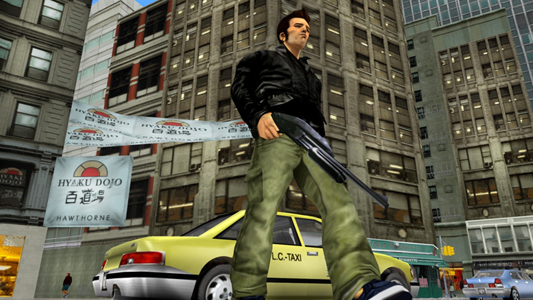 A man walking around a city with a gun in his hand in Grand Theft Auto 3. - 1