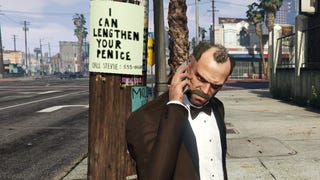 Trevor on the phone beneath a flier advertising to 'lengthen your penice' in a Grand Theft Auto 5 screenshot.