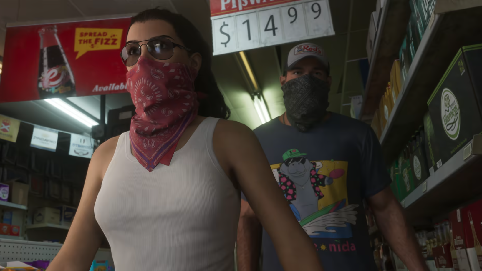 Jason and Lucia leaving a store after robbing in with face masks on.
