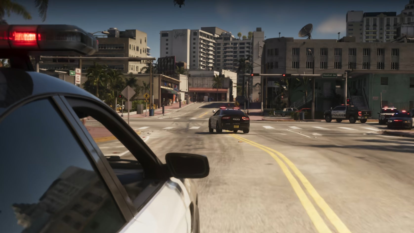 Police cars in Grand Theft Auto 6 with sirens on.