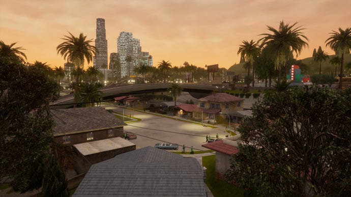 Grove Street in a GTA San Andreas screenshot from Grand Theft Auto: The Trilogy – The Definitive Edition.