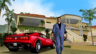 A screenshot of GTA: Vice City in which the game's protagonist is walking next to a fancy car, in front of a fancy house.