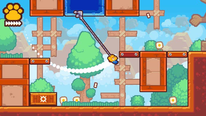 A screenshot of Grapple Dog, a 2D platformer, showing a dog using a grappling hook. It’s cute and colourful.