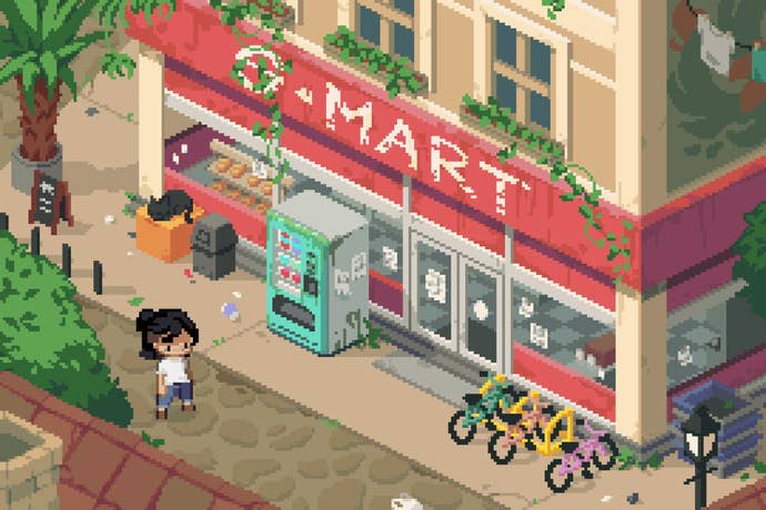A character from Grave Seasons walks past a convenience store