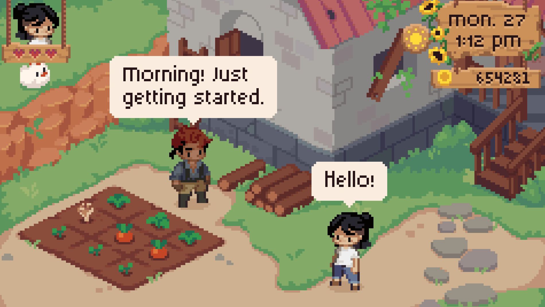 Two characters in upcoming life-sim slash murder mystery Grave Seasons, greeting each other in the morning