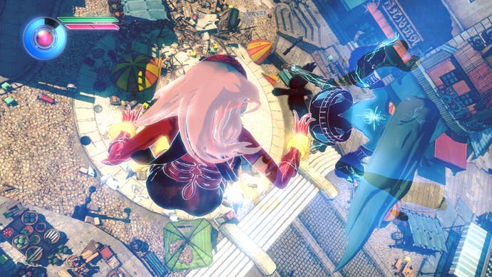 Character from Gravity Rush 2 dives towards the screen, behind them is chaos - all suspended in the air.