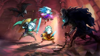 Artwork showing the three siblings of Greak: Memories Of Azur fighting two demons in a backlit dungeon setting