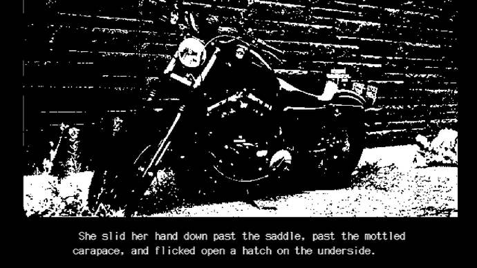 A pixellated black & white picture of a motorbike, with the text underneath: She slid her hand down the saddle, past the mottled carapace, and flicked open a hatch on the underside.
