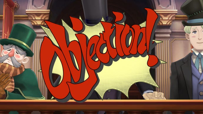 The iconic Ace Attorney "Objection!" speech bubble, as it appears in The Great Ace Attorney Chronicles. A pair of slightly bemused witnesses are just visible around the edges.