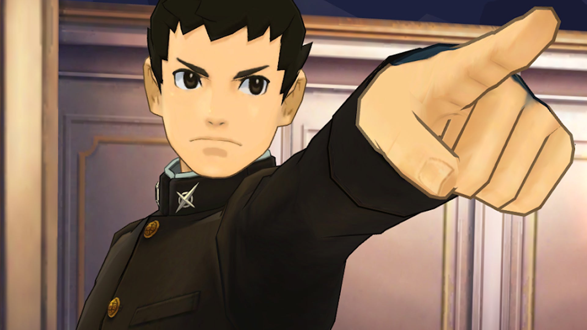 Ryunosuke strikes the classic Ace Attorney finger-point pose.