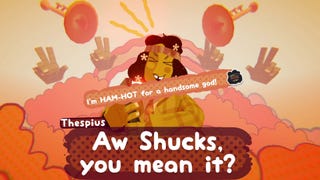 Thespius, a god in Great God Grove, says 'Aw Shucks, you mean it?' because you've said you're ham hot for him