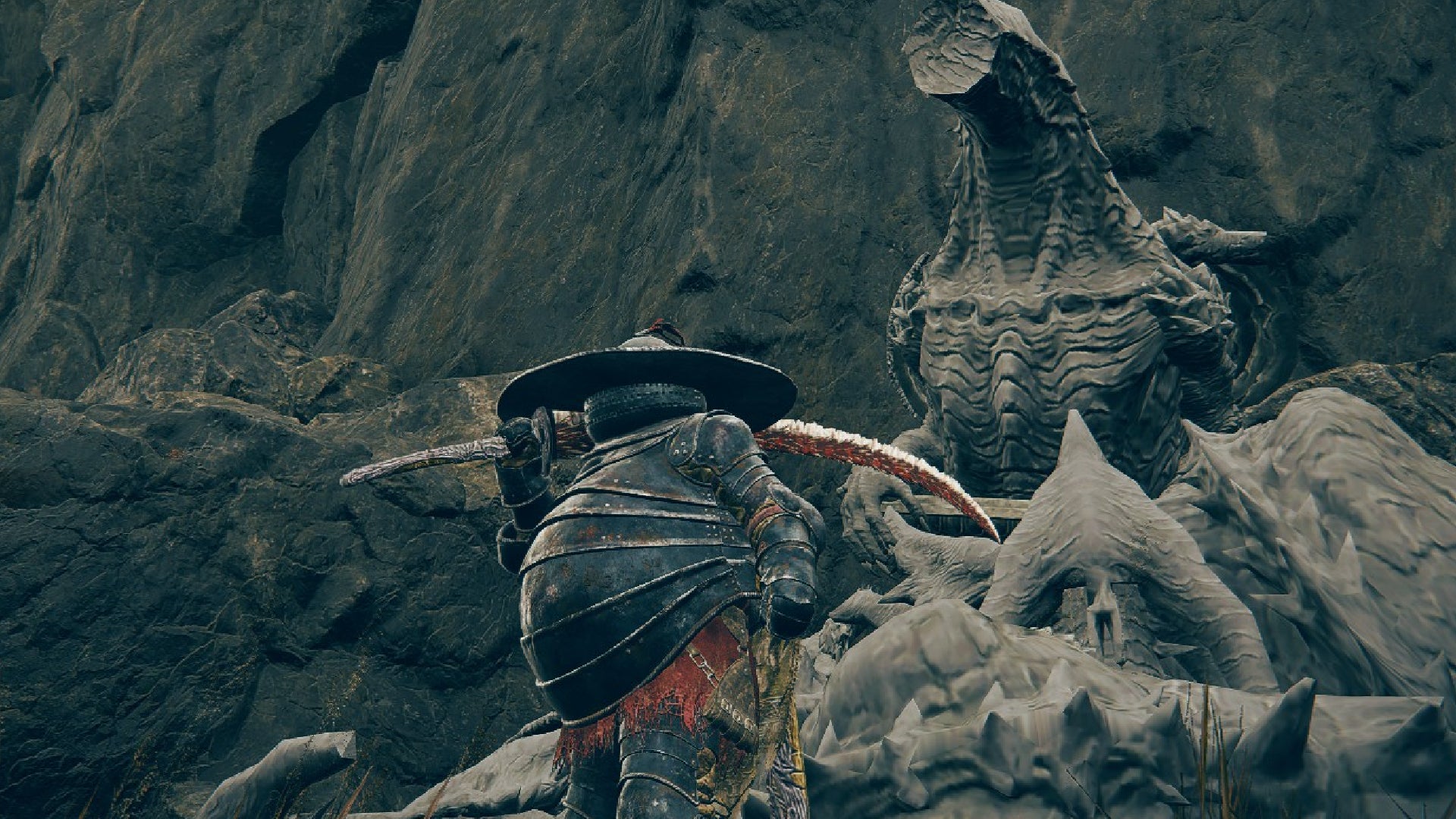 A Tarnished holds the Dragon-Hunter&rsquo;s Great Katana, standing by a decapitated dragon&rsquo;s head.