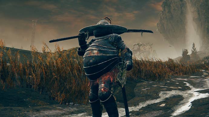 An Elden Ring Tarnished in the distinctive Lionel’s Armor wields a Great Katana.