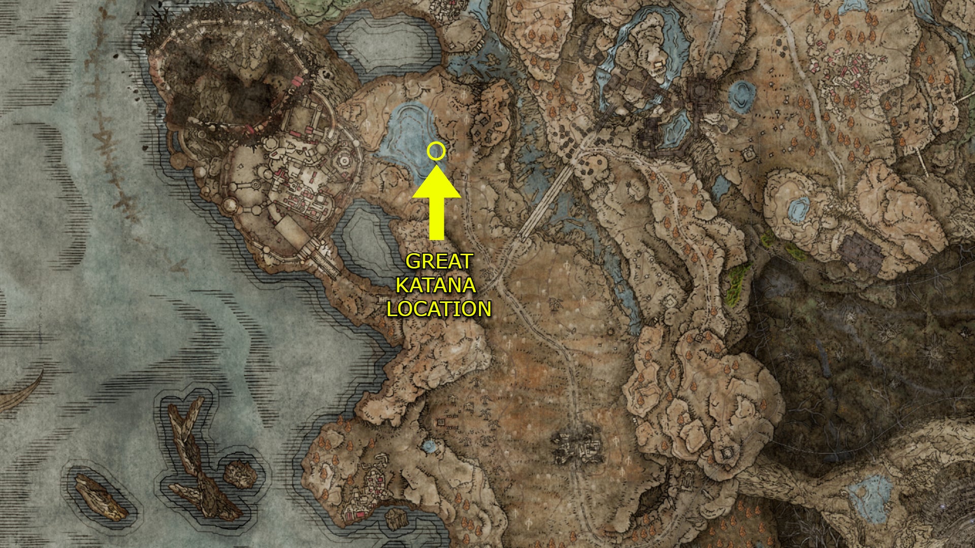 The location of the Great Katana on the Shadow of the Erdtree map. - 4
