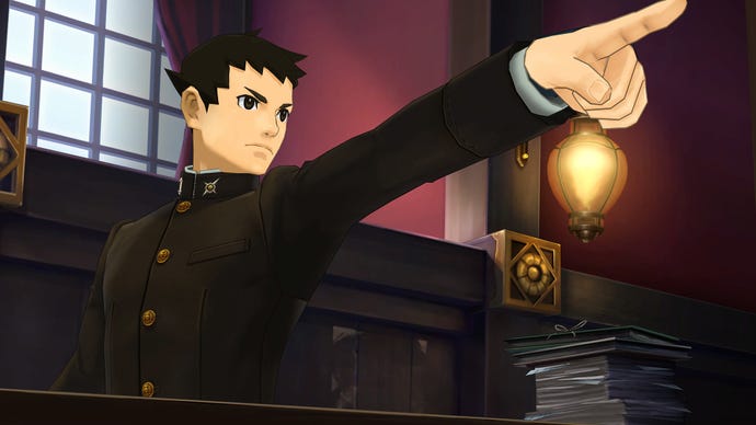 19th-century lawyer Ryunosuke Naruhodo points in court in The Great Ace Attorney Chronicles