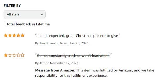 Screen capture of Amazon.ca reviews of marketplace seller Greatt Gamer. A one-star review saying "Games constantly crash or won’t load at all." has a strike line through it. Underneath is the note, "Message from Amazon: This item was fulfilled by Amazon, and we take responsibility for this fulfilment experience."