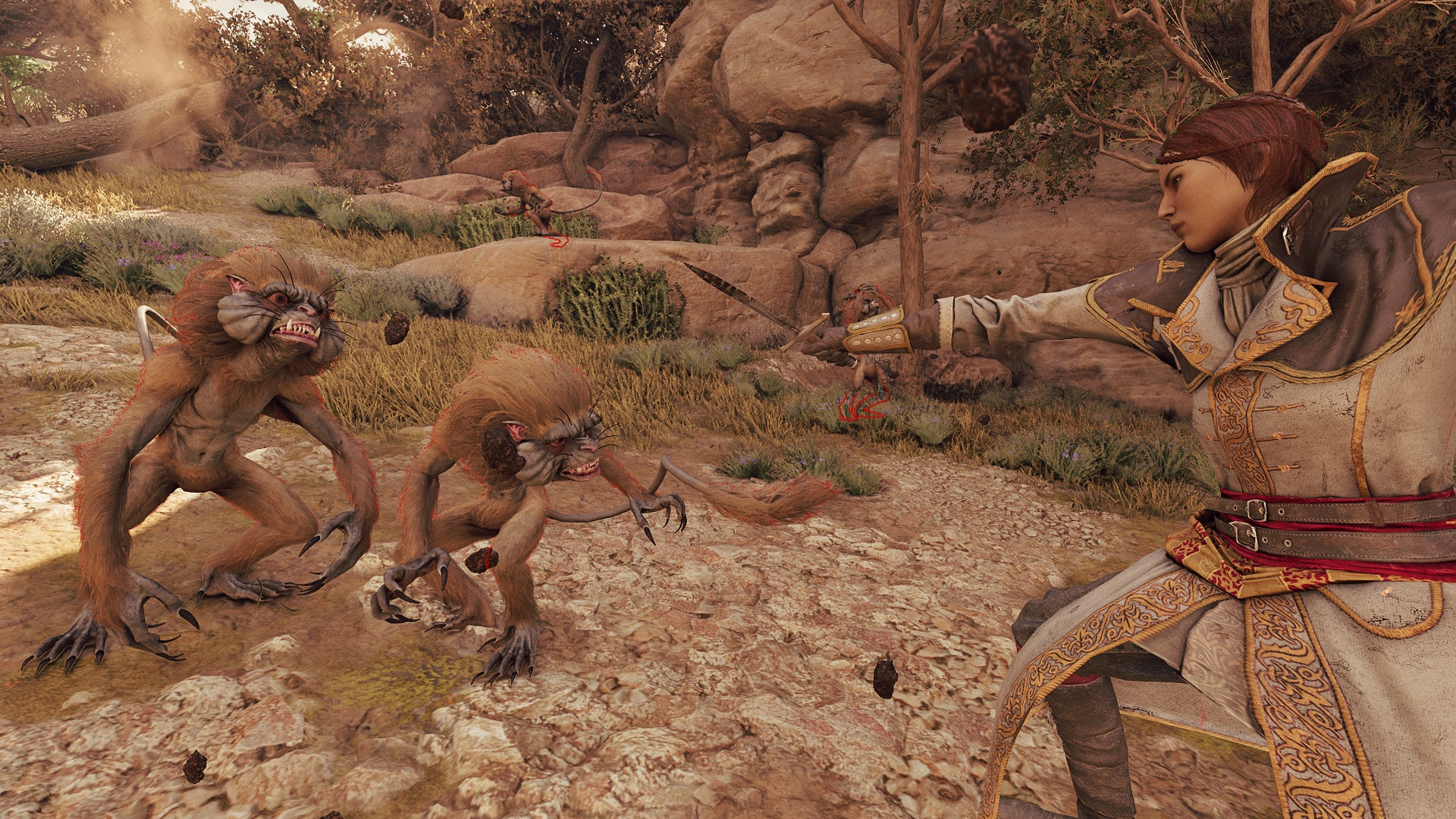A woman is pointing a blade at some monkey-like creatures in Greedfall 2. - 1