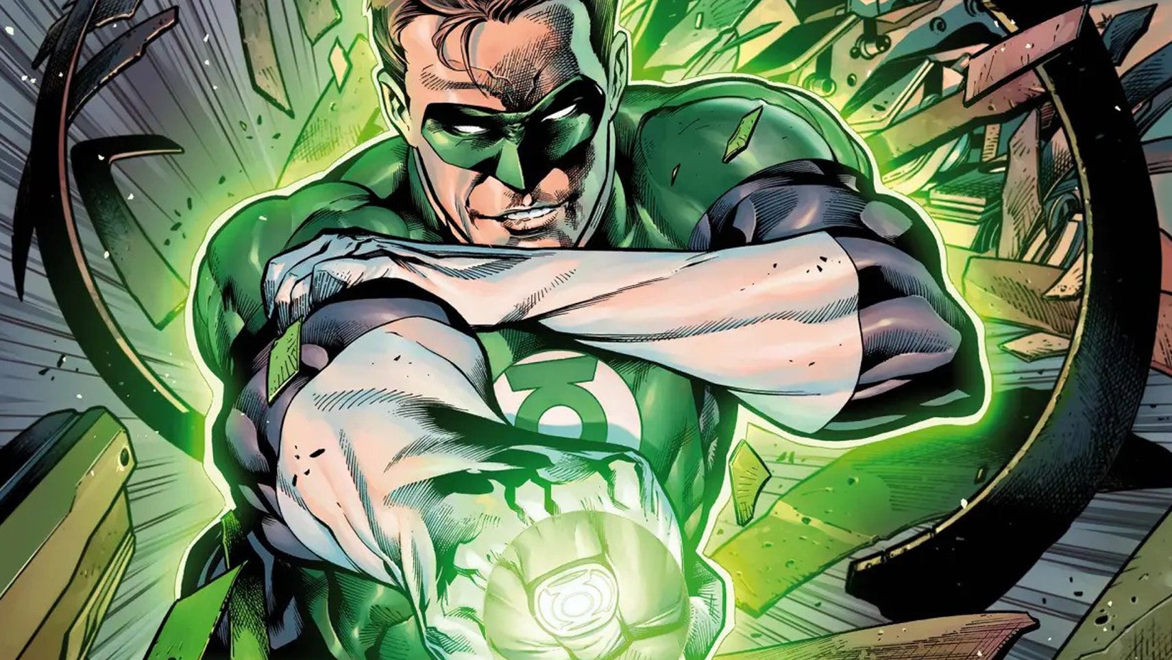 Hal Jordan in his Green Lantern outfit pointing his ring hand at something, a glow around it and him. - 1