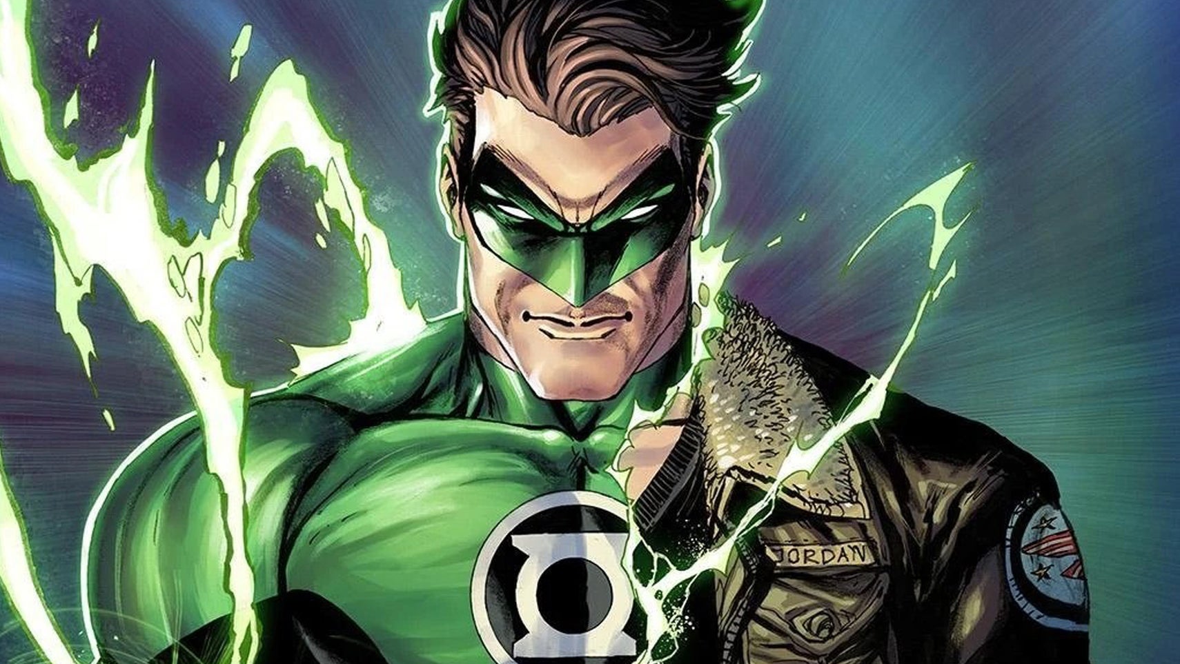 Hal Jordan transforming into his Green Lantern outfit, his bomber jacket still slightly visible. - 1