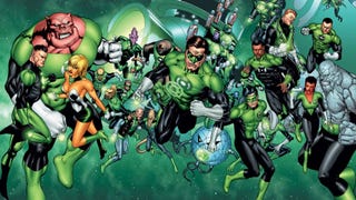 Comic book art of a large number of green lanterns, including Hal Jordan and John Stewart, floating in space.