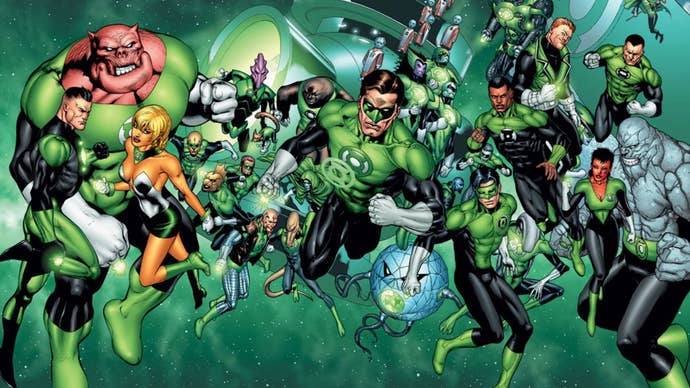 Comic book art of a large number of green lanterns, including Hal Jordan and John Stewart, floating in space.