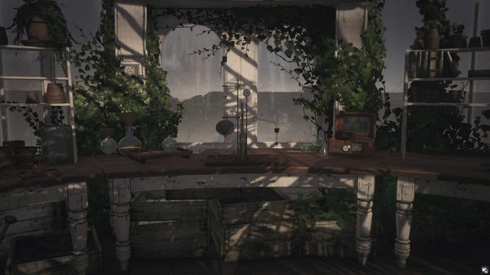 A poison-distilling setup in Hitman 3’s Dartmoor greenhouse.