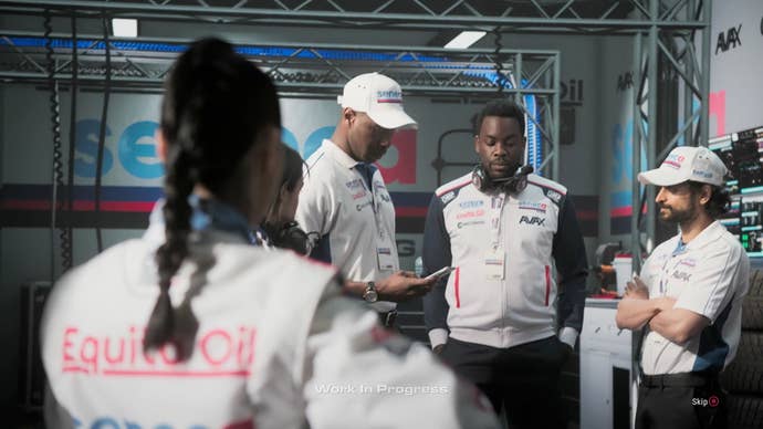 Five real-life actors look glum in the racing pit of a cutscene in GRID Legends