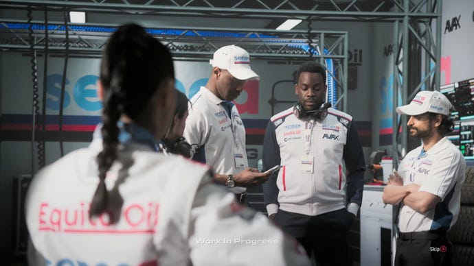 Five real-life actors look glum in the racing pit of a cutscene in GRID Legends