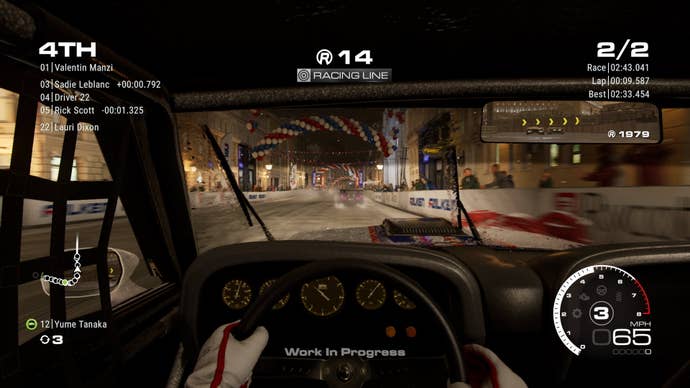 The interior of a race car driving through a snowy city at night in GRID Legends
